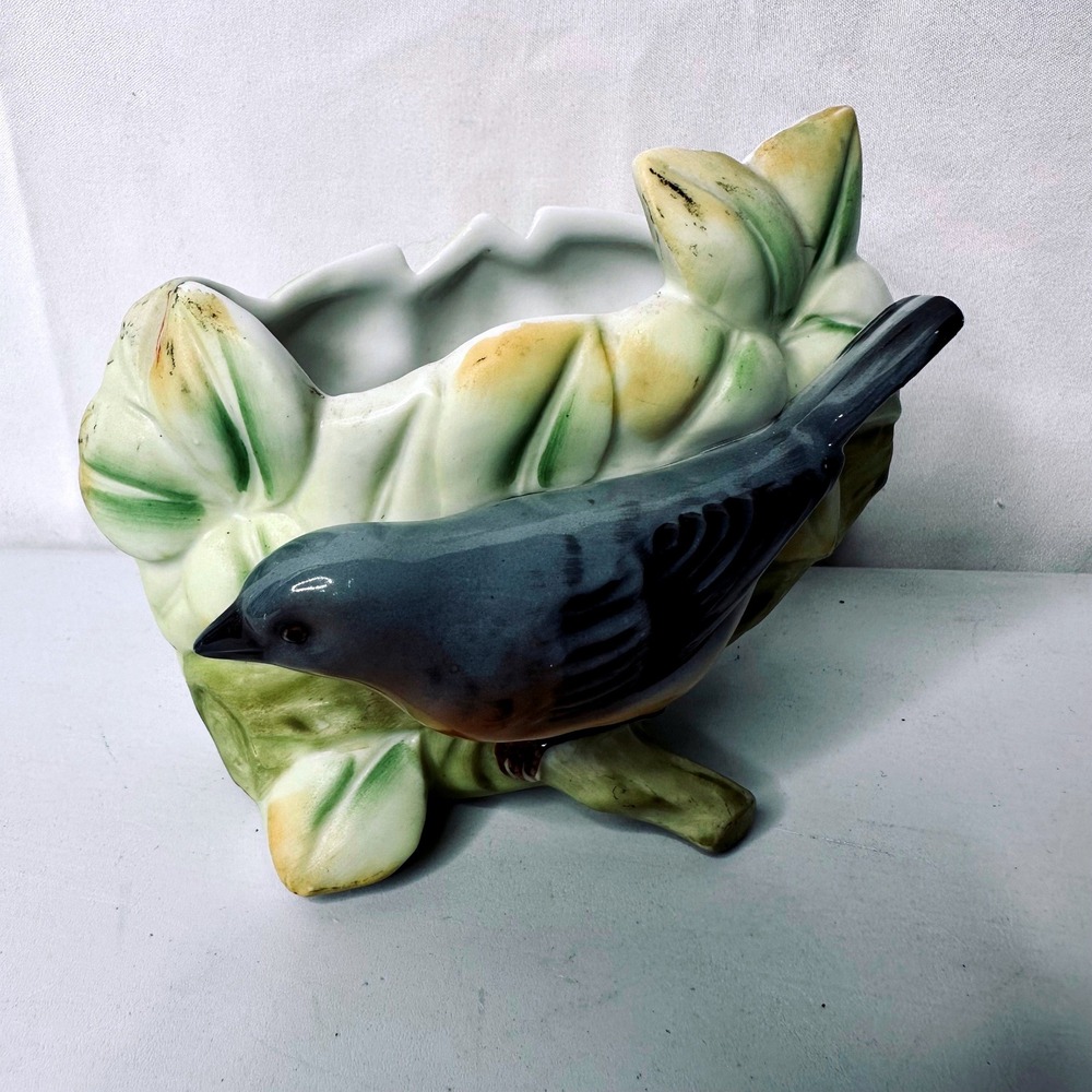 Vintage Japan Ceramic Bird Planter Blue Orange Bird Leafy Branch Mid Century